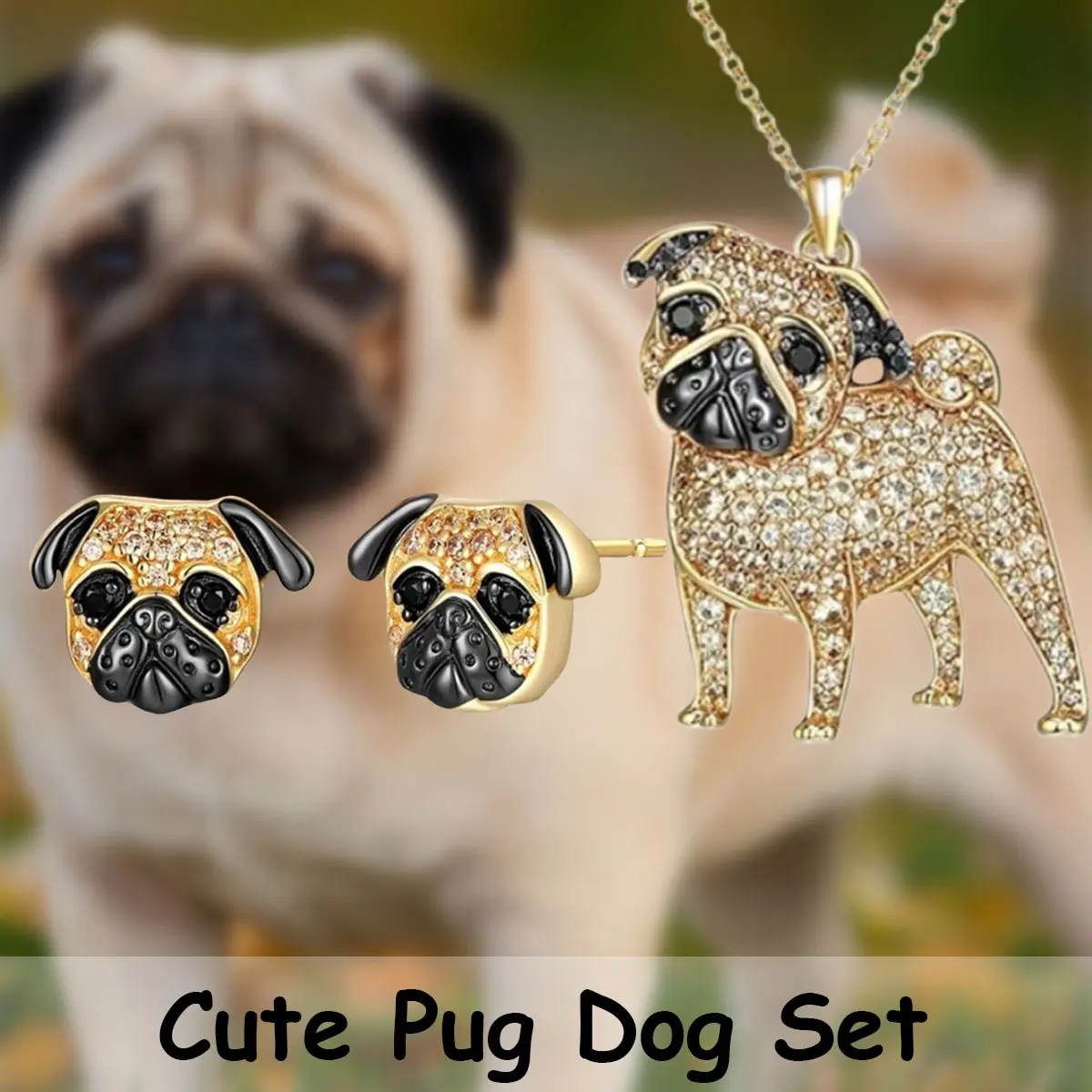 Women's 3-Piece Golden Pug Alloy Jewelry Set - Necklace, Earrings, Cute Dog Costume Accessory for Birthday, Christmas Gifts for Mom, Friend, Animals, Anniversary, Casual, Daily, Loved Ones