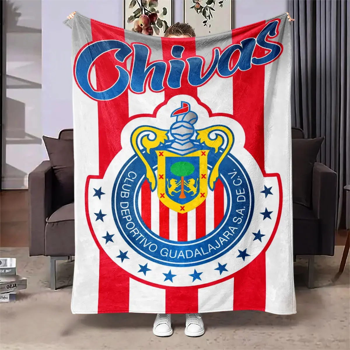 Stadium-Inspired Soft Chivas Star Ring Flannel Throw Blanket - Red Soccer Emblem Print, Wrinkle Resistant, Durable, All Seasons Cozy Cover for Dorm Sofa, Match Night Gift for Mexican Football Supporters