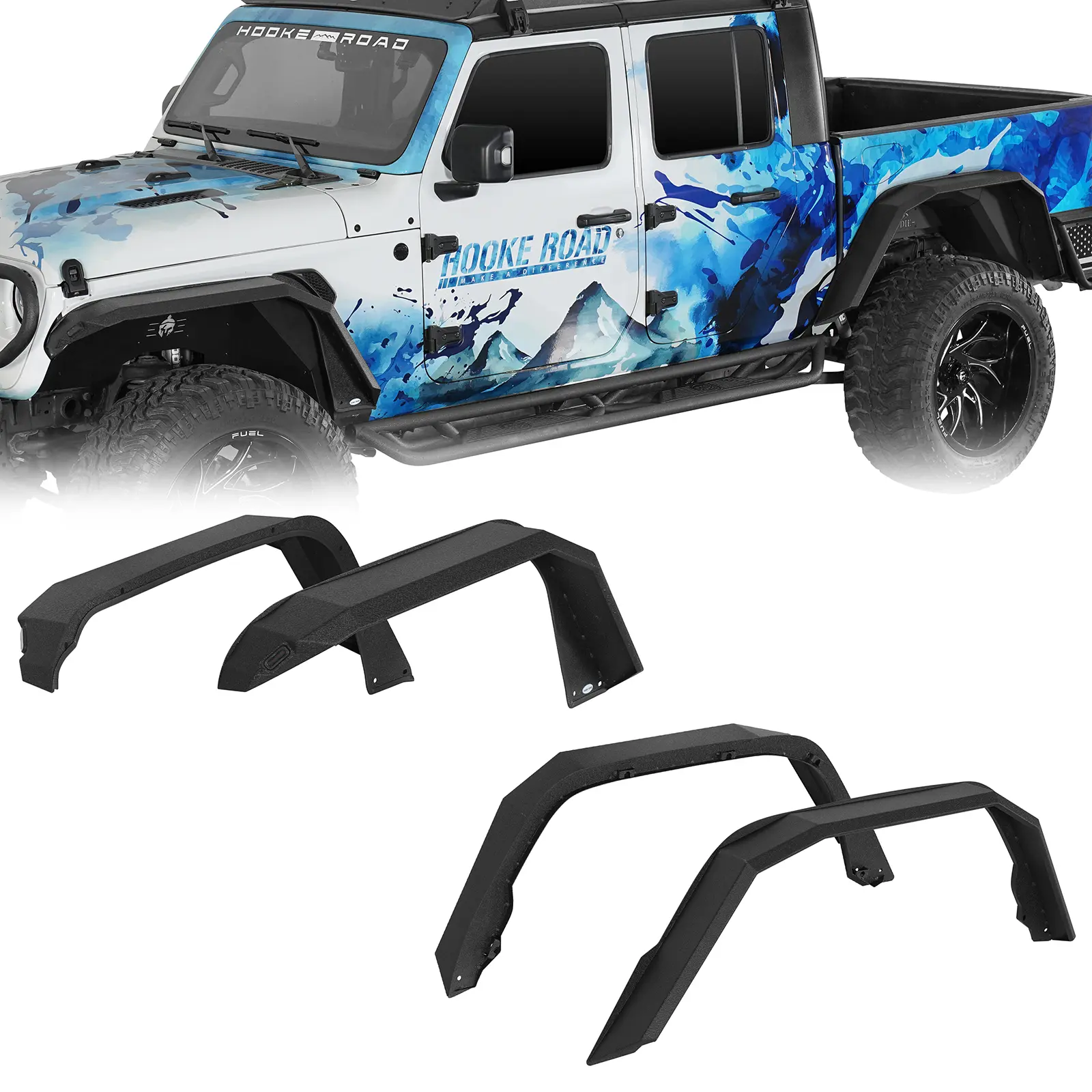 Hooke Road 4 Steel Flat Fender Flare Set, 5.4in Width Debris Shield Mud Flaps with Front Turn Signals, Bolt-On Fit for 2020-2026 Jeep Gladiator JT - 50 lbs, Assembly Required, Includes Installation Instruction