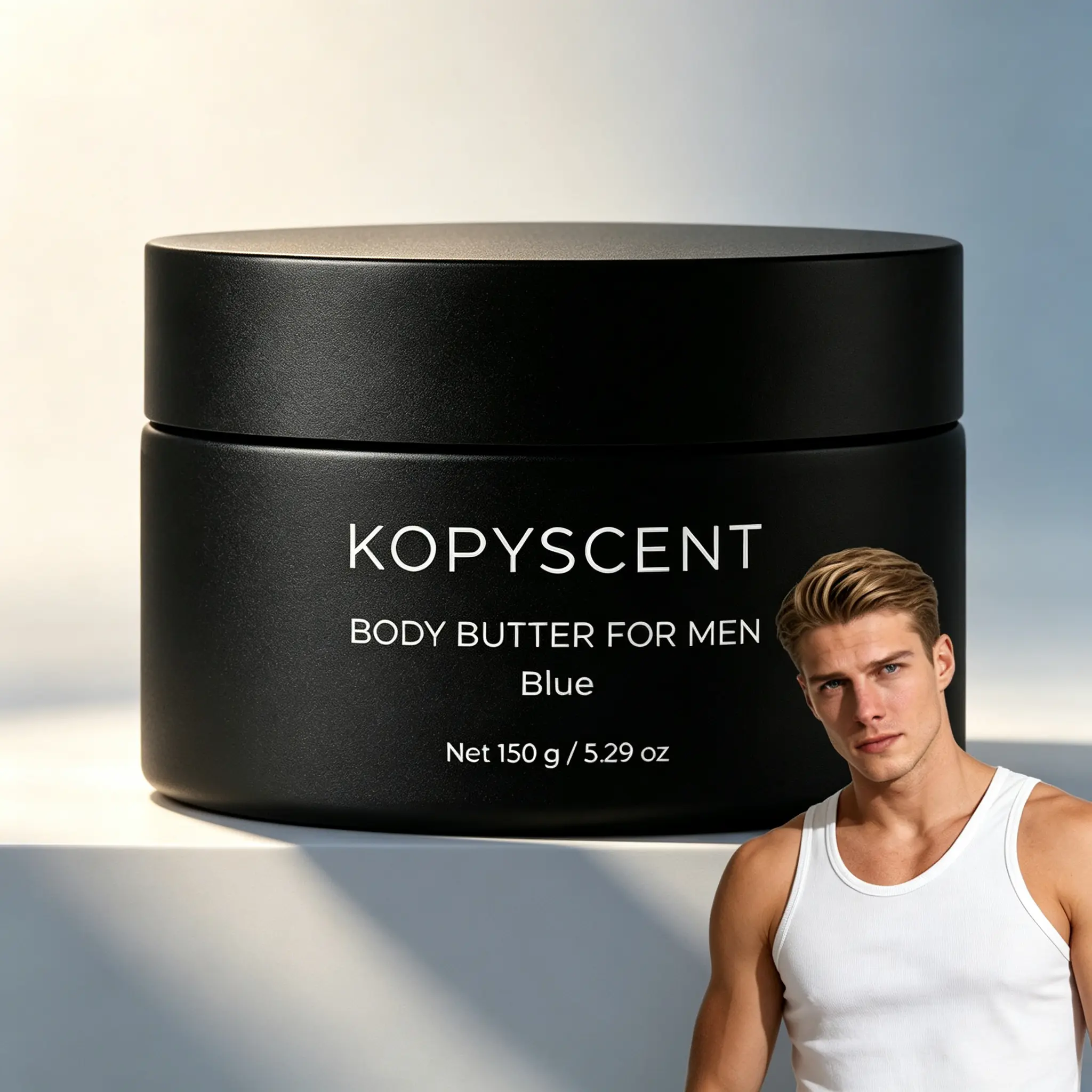 Upgrade your grooming game with KOPYSCENT Body Butter for Men Blue  Deep hydration that absorbs fast, never greasy. Fresh masculine scent. 150g jar – a little goes a long way. Smooth skin, every day. #KOPYSCENT #menshealth #bodycareformen