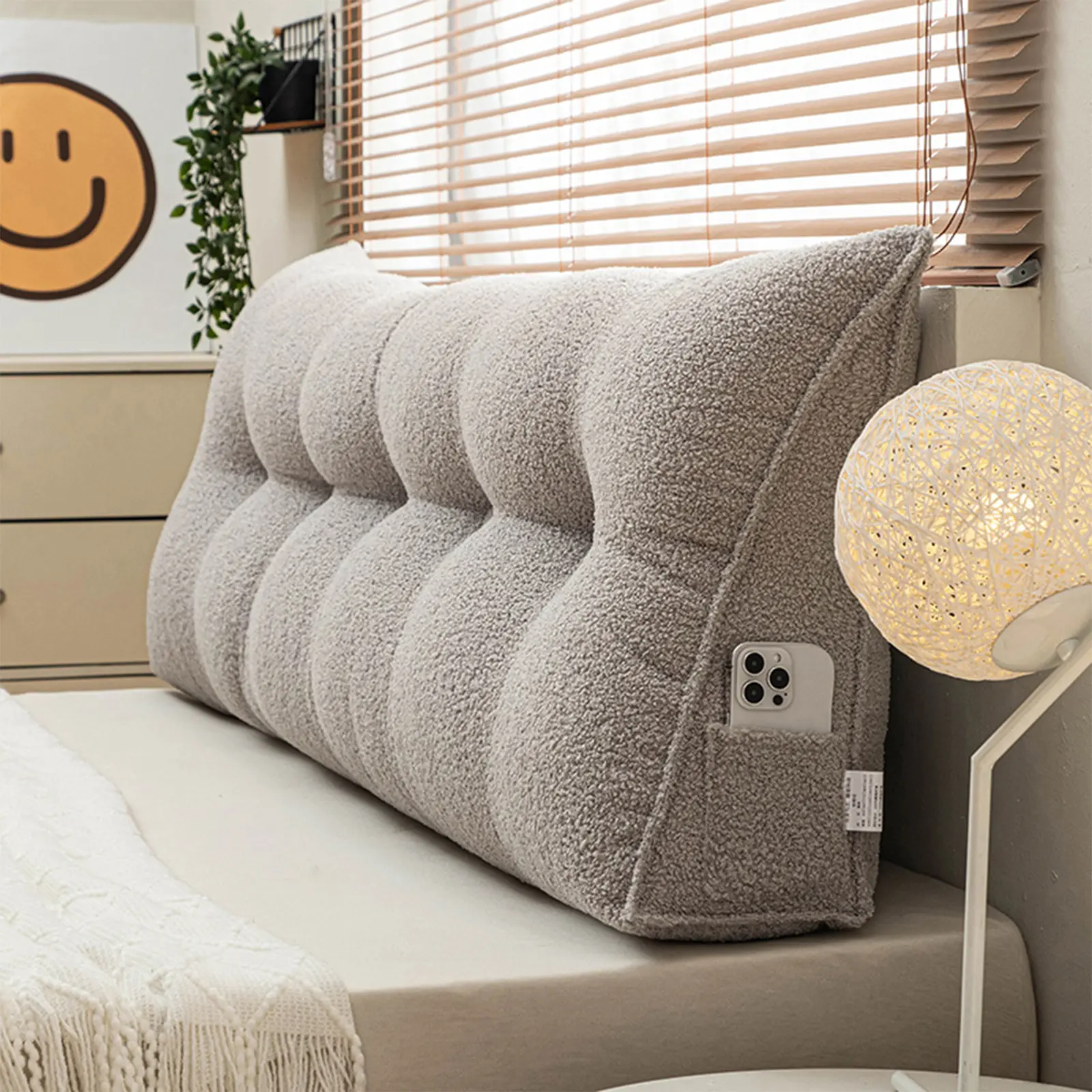 Teddy Fleece Triangular Headboard Pillow, Convenient Storage Back Support Bed Wedge Cushion with Side Pockets & Removable Washable Cover, Convenient Storage Headboard