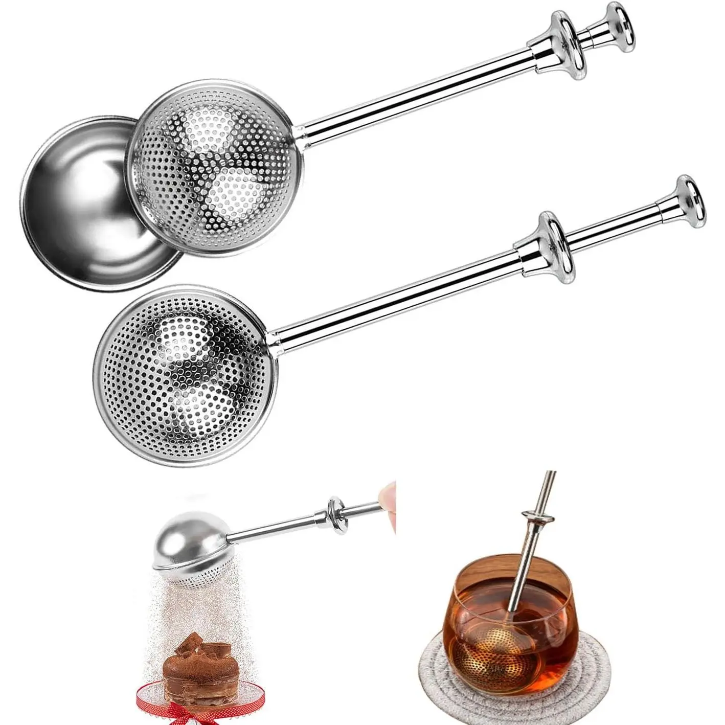 2-Pack Stainless Steel Loose Tea Infuser and Sugar Shaker Dust Collector Sieve 2-in-1, Tea Ball for Loose Tea, Single-Handed Spring-Type Tea Strainer
