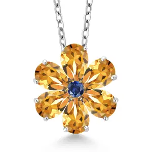 Gem Stone King 925 Silver and 10K Yellow Gold Yellow Citrine and Blue Created Sapphire Pear Shape Flower Pendant Necklace For Women | 2.03 Cttw | Gemstone Birthstone | with 18 Inch Chain