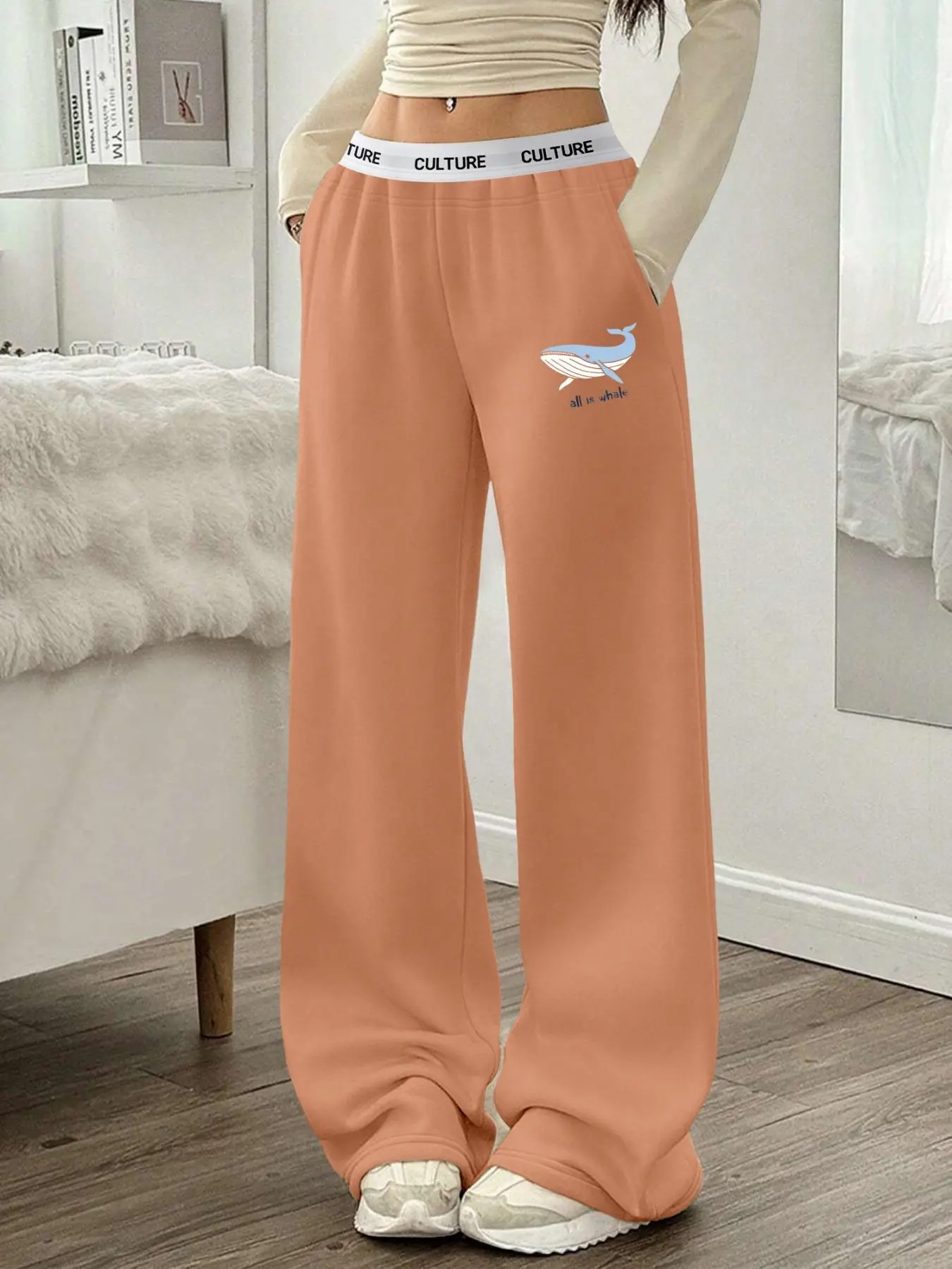 Women's Whale Print Sweatpants, Casual Comfy Breathable High Waist Jogger Pants for Daily Wear, Ladies Bottoms for All Seasons
