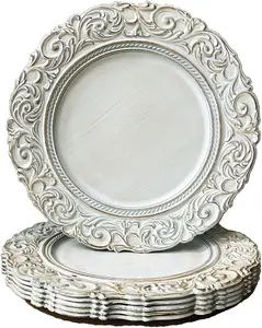 Antique Charger Plates, 13 Inch White Dinner Plate Chargers Round Server Ware. Set of 6 Plastic Embossed Charger for Dinner, Party, Wedding, Elegant Tableware Decoration. (White)
