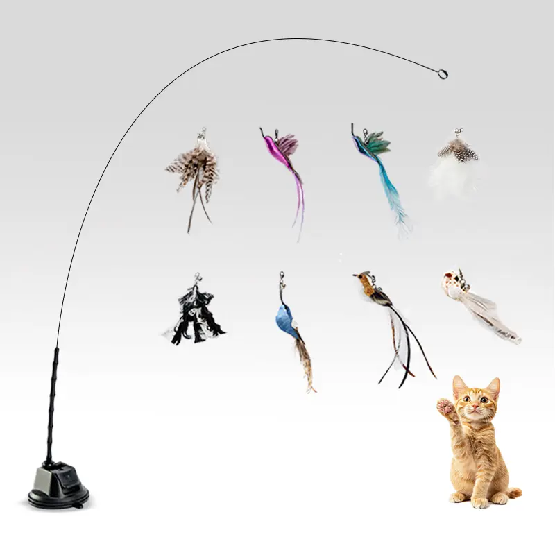 Cat Toy Set 10-in-1, Wand Self-Holding Suction Cups Base, Auto Interactive Toys for Indoor Cats with Natural Bird Feather Ball & Suction Cup Design Hands-Free Play Features, Bell Teaser