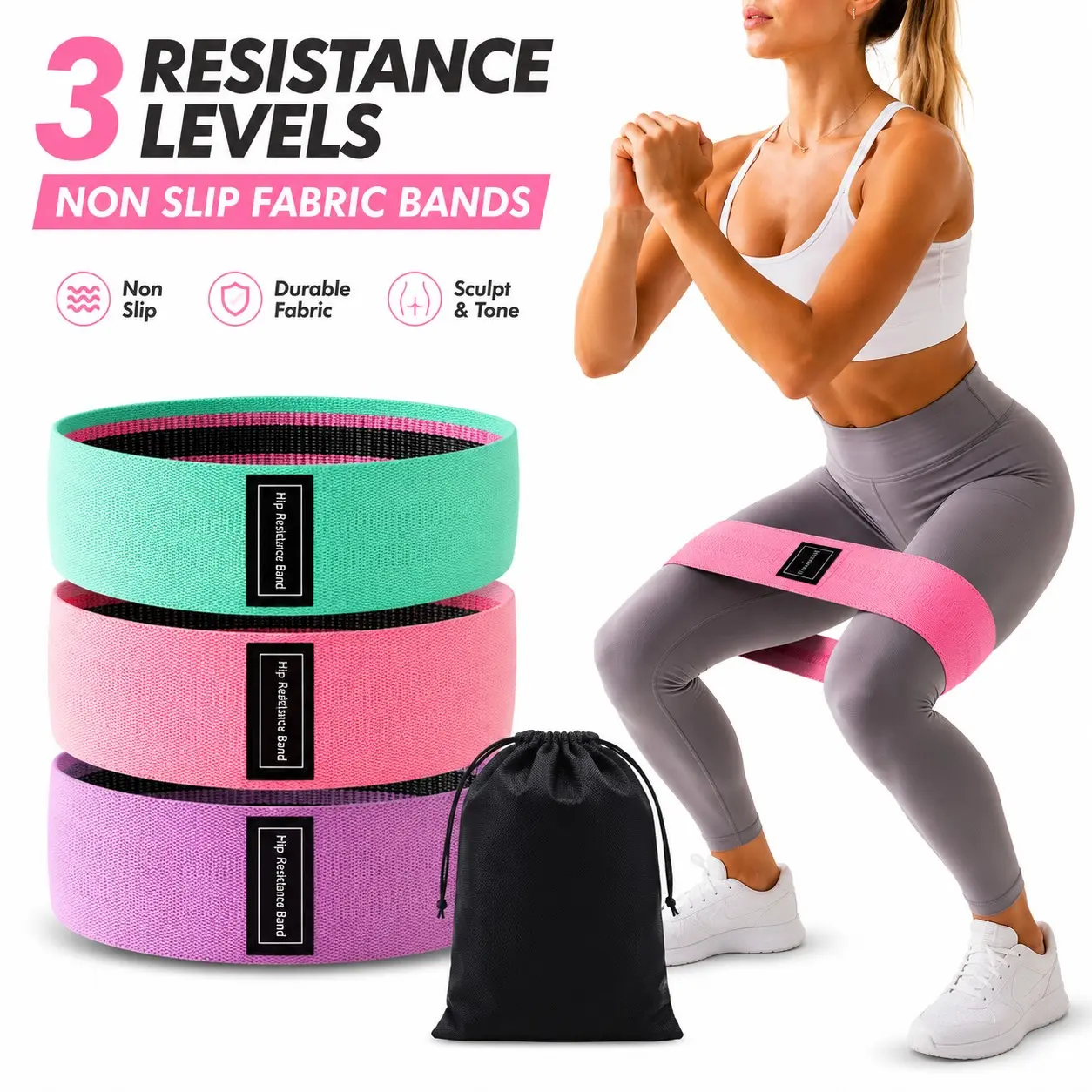 3 Resistance Levels Workout Bands, Non Slip Fabric Bands for Glute Training & Fitness, Exercise Bands