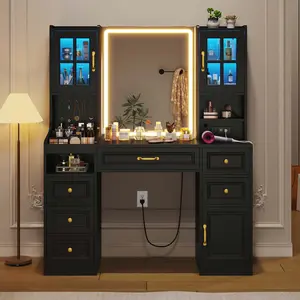 Sikaic White Makeup Vanity Desk With Touch Screen Mirror 2 RGB Cabinets 3 Light Modes Power Outlet 6 Drawers 7 Shelves for Bedroom Home Studio Black Dresser