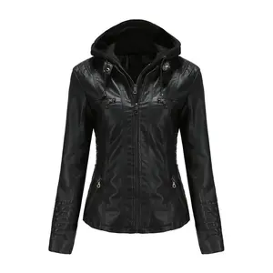 Women's Black PU Leather Biker Jacket with Removable Hood Faux Leather Motorcycle Coat Long Sleeve Street Fashion S-XL Outerwear