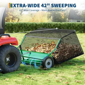 Tow Behind Lawn Sweeper, 48 Inch Wide Sweeping Path with 25 cu ft Large Capacity Hopper, Heavy Duty Adjustable Brush Height for Yard, Lawn and Farm Cleanup (Tow Behind-25 cu-Green), Extra-Wide Coverage, Foldable For Storage, Universal Tractor Hitch