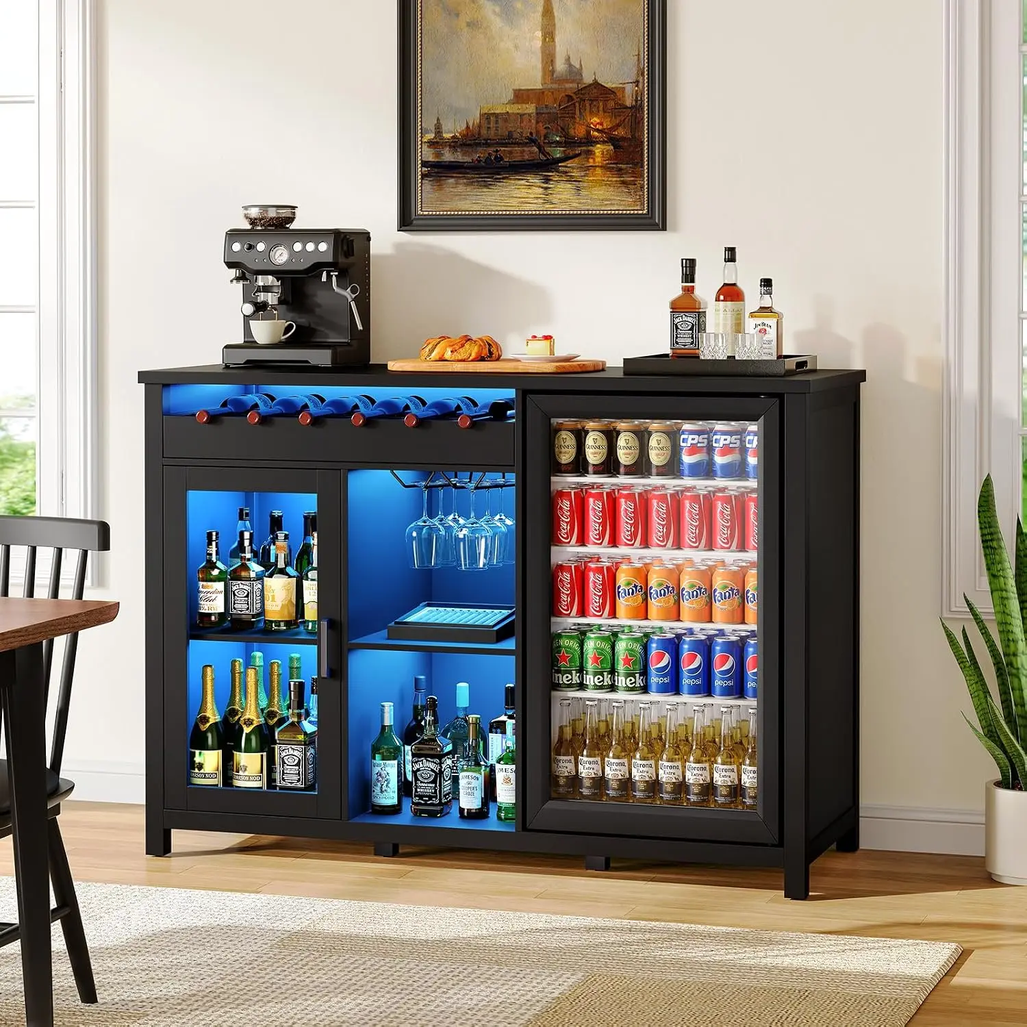 PIXOURA 53" Modern Coffee Bar Cabinet with Fridge Space, Minimalist Bar with LED & Glass Holder, Black