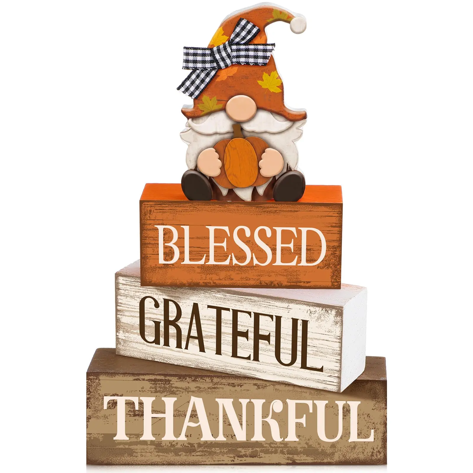 4 Pcs Fall Decorations for Home Wooden Blessed Gnome Block Signs Fall Tiered Tray Decor Thanksgiving Centerpiece Rustic Autumn Table Decor for Harvest Party Kitchen Shelf Decorations