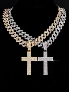 1pc Heavy Industry Fashion Cross Pendant Necklace for Men Punk Style Cuban Link Necklace Iced out Bling Cross Pendant with Cuban Chain set Religious Christian Necklace Fashion Accessories Suitable for Daily Matching
