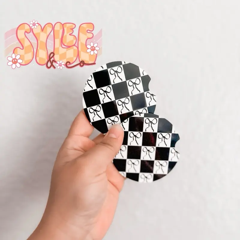 Black Checkered Coquette Car Coasters - Set of 2, Durable MDF Material, Easy to Clean, Fits Most Standard Cup Holders