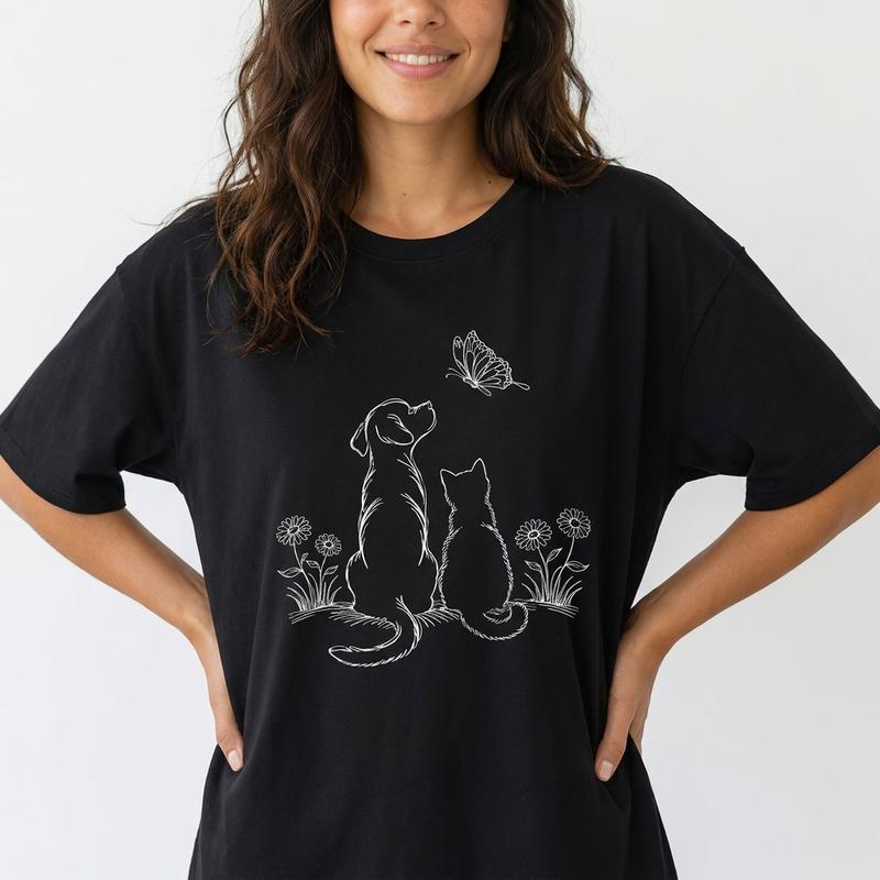 Minimalist Dog and Cat Line Art Women's 100% Cotton Tee Pet Lover Butterfly Graphic Shirt