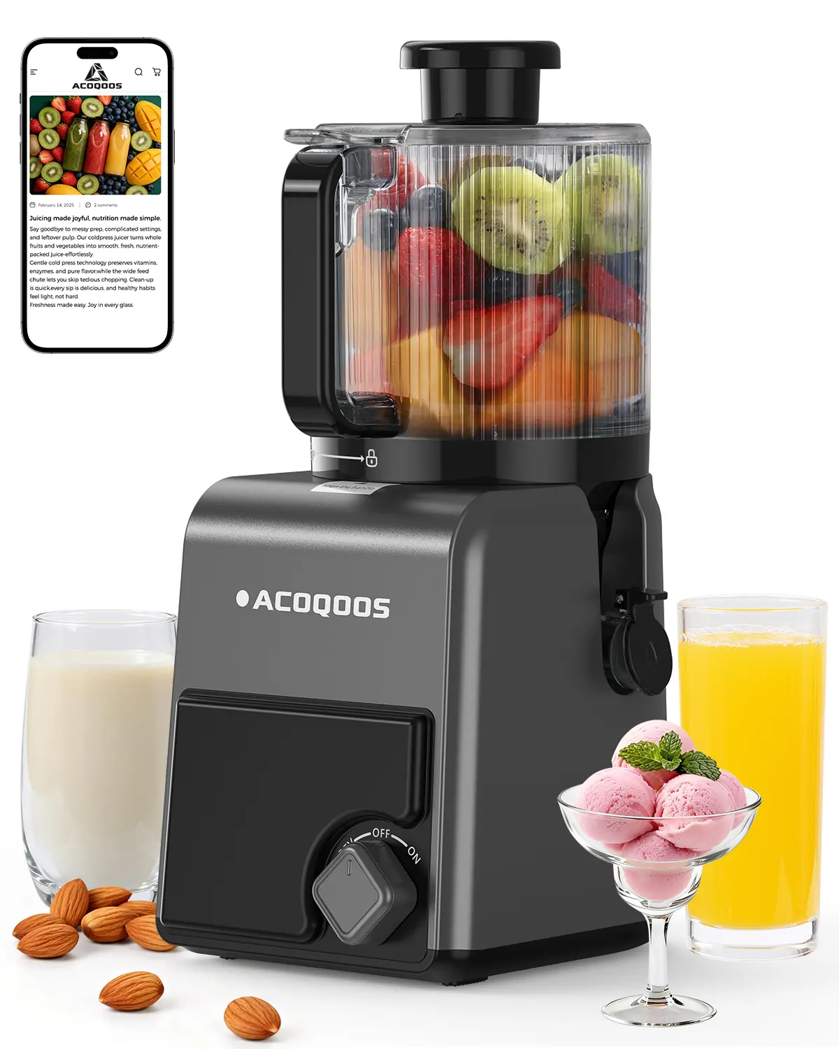 ACOQOOS 100oz Cold Press Slow Masticating Juicer - 6.5" Large Feed Wide Mouth, Non Toxic, Quiet Operation, High Yield, 2-Year Durability, Dishwasher Safe, Easy Clean with Brush & Filter (Ideal for Christmas)