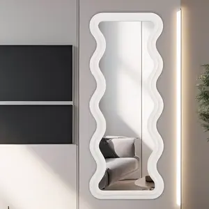 Full Length Mirror 63"x24" Irregular Wavy Full Body Mirror Wall Mounted Floor Mirror with Stand Ivory Flannel Wrapped Wooden Frame Leaning Hanging Wall Mirror for Bedroom Entrance Decor Glass