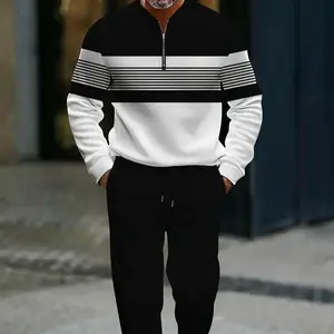 Half Zipper Fashion Casual Set with Personalized Stripe Design Simple Comfortable Versatile Menswear Long Sleeve Suits Black Knit Tracksuit