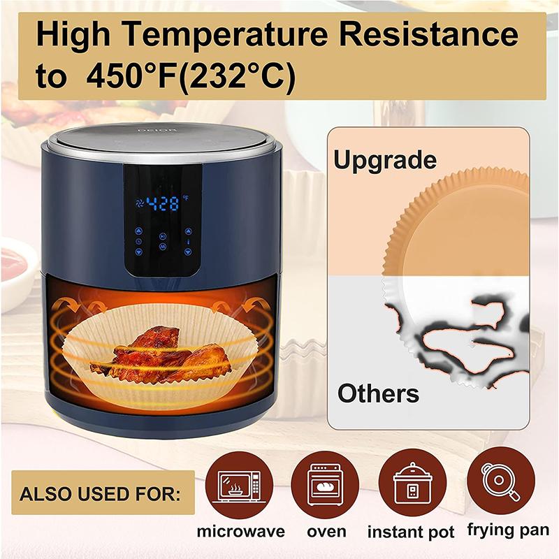 Disposable air fryer liners, 50 pcs [food-grade material]. Unbleached parchment paper liners—nonstick, waterproof, and oilproof—for 5–8 qt air fryer baskets, baking, roasting, microwave, and oven.