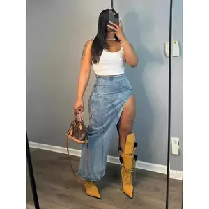 Dy6688 Women's New Ins Popular Sexy High Split Stretch Denim Skirt Womenswear Bottom Comfort Palda Basic Maxi(Sheets)