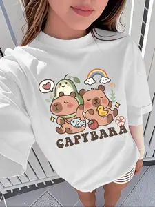 Girls' Fashion Capybara Healing Cute Capybara T-shirt! Avocado, rainbow, and capybara cartoon pattern print design, casual and comfortable, suitable for outdoor wear, Cute Cartoon Clothes