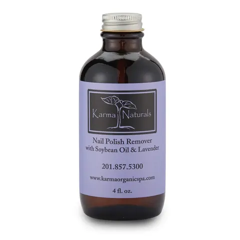 Karma Naturals Organic Nourishing Acetone-Free Vegan Liquid Nail Polish Remover - 4 fl oz Glass Bottle, Soybean Oil, Lavender Pleasant Aroma, Wipe-Ready Oil-Based, Cruelty Free, for Deeply Moisturized Nail Care
