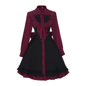 Women‘s Medieval Gothic Bow Lolita Dress Red Black Ruffled Long Sleeves for Halloween