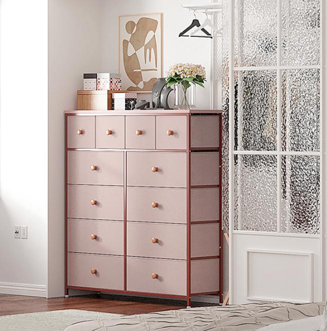 RaybeeFurniture Pink Dresser for Bedroom with 12 Drawers, Sturdy Metal Frame and Wooden Top, for Bedroom, Closet present  cabinets