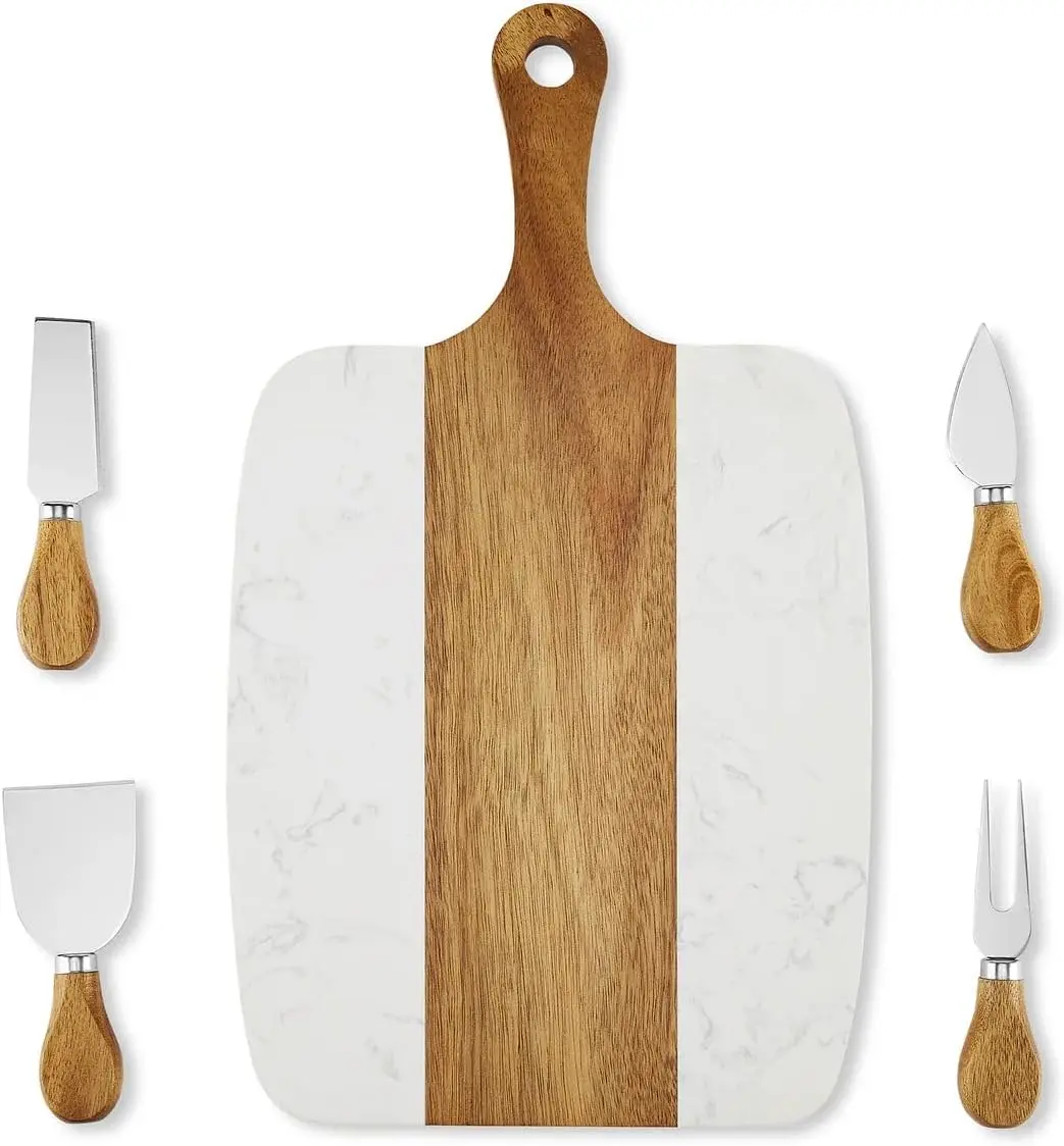 Marble Wood Marble Serving Board Set, Wedding Gift, Cheese Board, Housewarming, Closing Gift, Gift for Her Kitchen Knives Stylish Beach
