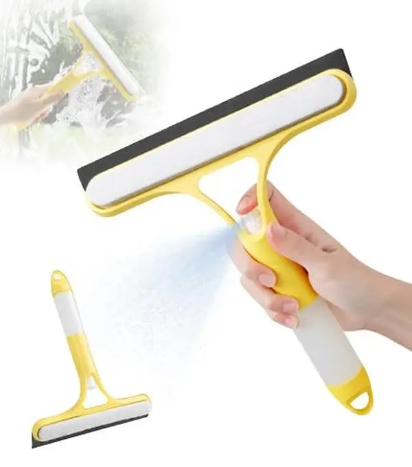 Yellow 3-in-1 Multipurpose Cleaning Tool - Squeegee and Scrubber Combo with Spray Function, Portable Efficient for Household Shower Doors, Mirrors