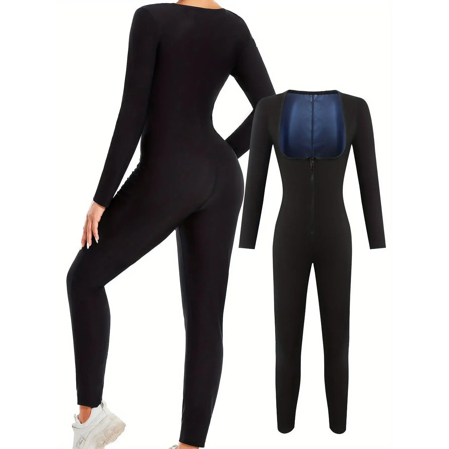 Women sauna workout top long-sleeved shapewear bodysuit yoga leggings hooded zip warm fitness wear sweat clothes for running sports training, Front Zipper, One-Piece