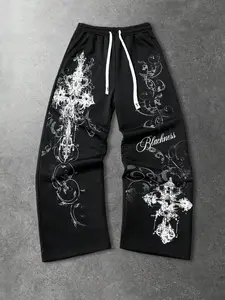 Men's Gothic Cross Wide Leg Pants, Y2K Street Style Loose Long Pants, Dark Gothic Print Drawstring Casual Pants for Punk Rock Skateboard
