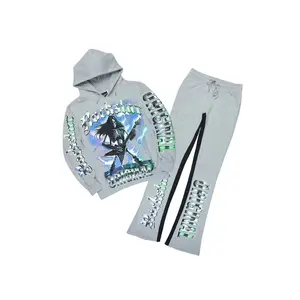 Wekken Heather Grey/Blue Hoodie/Baggy Stacked Track Pant Set