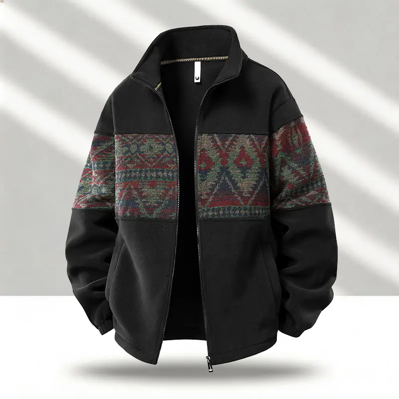 Men’s retro Aztec geometric patchwork fleece jacket, oversized stand collar full-zip coat, ethnic tribal pattern splicing design, warm casual streetwear outerwear with side pockets for fall & winter