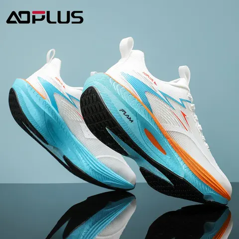 AOPLUS Men’s Lightweight Running Shoes - Thick Cushion Sole, Breathable Mesh, Shock-Absorbing Non-Slip Workout Sneakers, All-Day Casual Trainers for Gym, All Day Wear, Everyday Active Gym to Street (White Blue Orange)