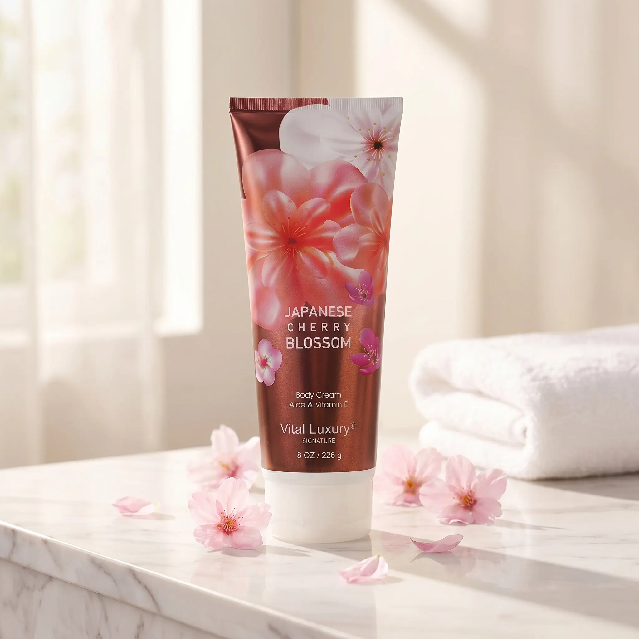 Vital Luxury Japanese Cherry Blossom Body Lotion, Hydrating Botanical Moisturizer with Aloe & Vitamin E for Dryness & Combination Skin, 226g / 8 oz, Single Item, Pearlescent Tube