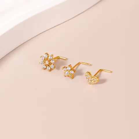 3-Piece Set of 14k Gold-Plated Flower-Shaped Nose Studs for Women, Aaa Sparkling Cubic Zirconia Heart & Flower Nose Studs with Ball Pins, Body Piercing Jewelry, Body Jewellery