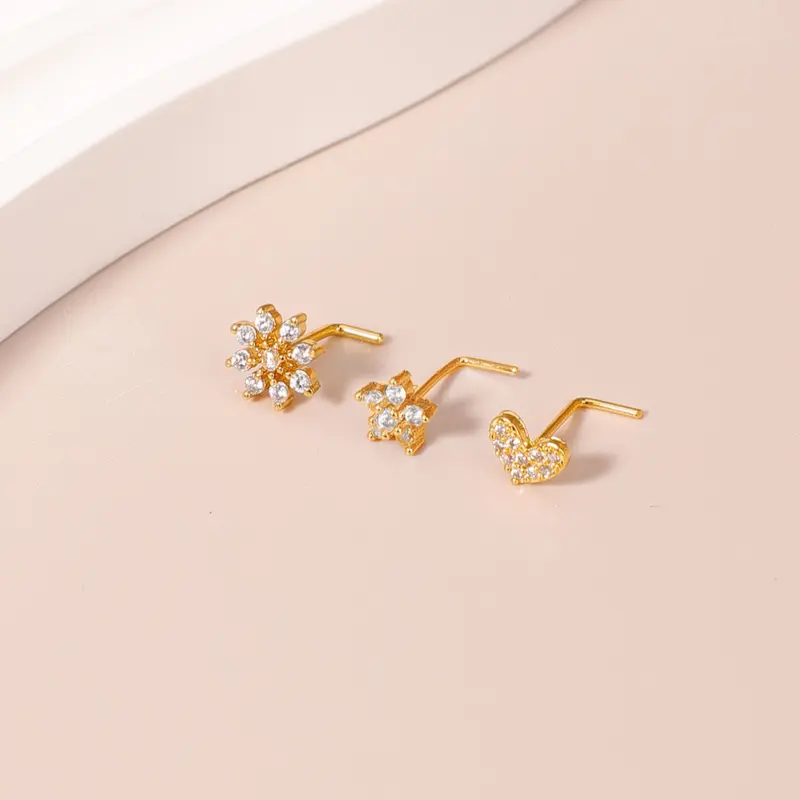 3-Piece Set of 14k Gold-Plated Flower-Shaped Nose Studs for Women, Aaa Sparkling Cubic Zirconia Heart & Flower Nose Studs with Ball Pins, Body Piercing Jewelry, Body Jewellery