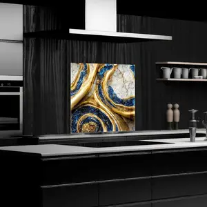 GCKG Marble texture luxury marble texture gold and blue Tempered Glass Kitchen Backsplash, Stove Back Cover, Stove Splashback, Cutting Board, Kitchen Wall Decor