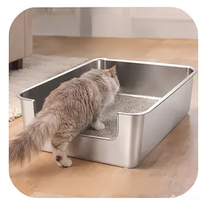 Barhon 2 Pack Perfect for Senior Injured Cats Kittens Easy Step-In Desig Stainless Steel Litter Box Low Front Entry No Odor Easy Clean