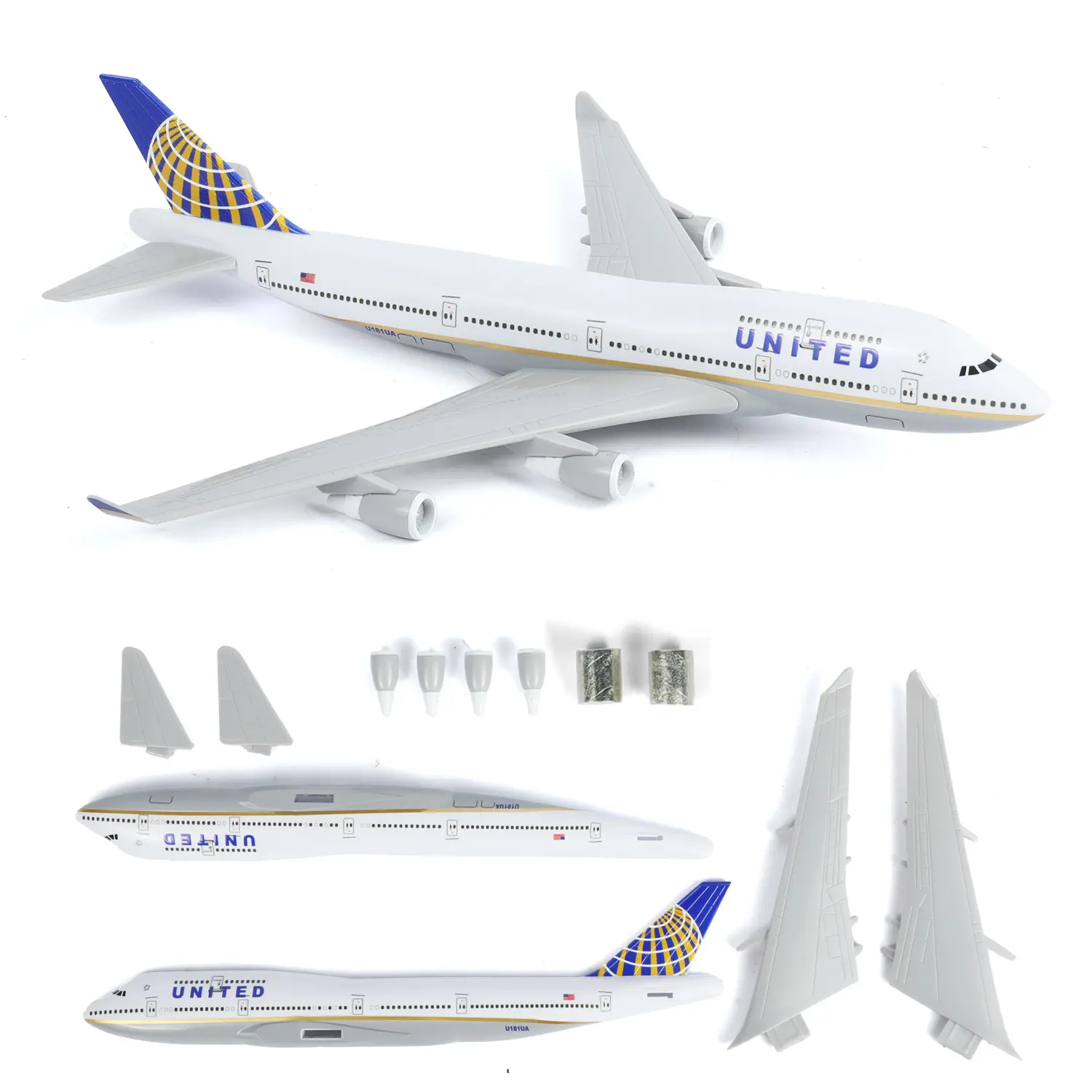 Boeing 747 United Airlines Unisex Collectible Building Set, 1:280 Scale Snap-Fit Plastic Aircraft DIY Model Kit with Pre-Painted Details & Display Stand for Toys & Hobbies Enthusiasts
