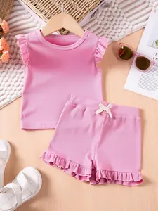 Two-Piece Set Toddler Girl's Solid Ruffle Trim Tee & Shorts Set, Cute Casual Round Neck Top & Shorts for Daily Wear, Kids Summer Clothes, Outfit