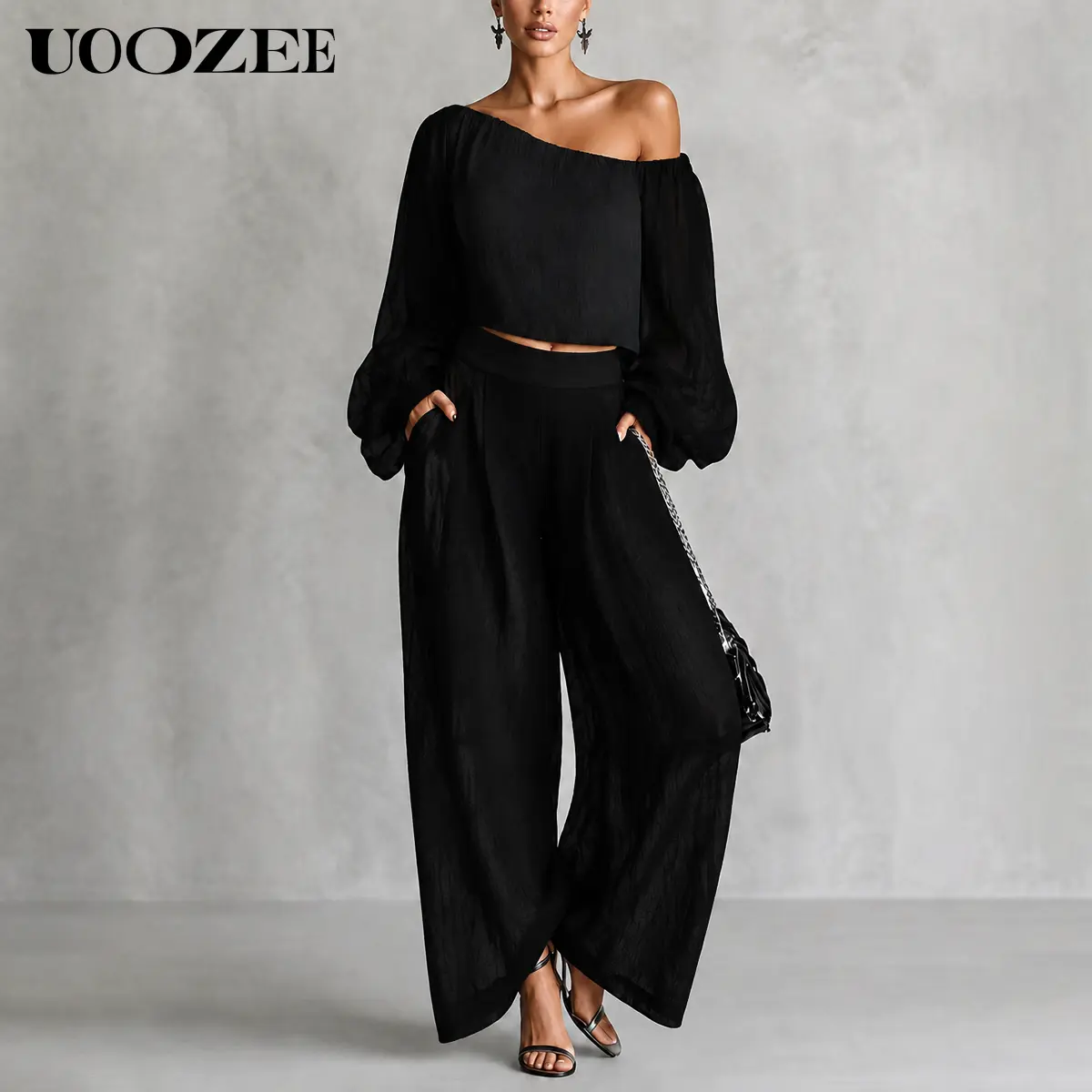 UOOZEE Women's Chic 2-Piece Off-Shoulder Crop Top & High Waist Wide Leg Pockets Pants Set, Polyester Casual Co-Ord Set, Loose Fit Summer Outfit with Elastic Waist Pants, Size Up for Curvy Waists