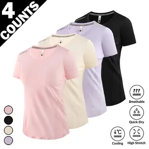 4 Packs Women's Quick Dry Workout T-Shirts | Cooling &Breathable Active Tees | High Stretch Gym Tops forSummer | Casual Athletic Shirts for Running Yoga DailyWear