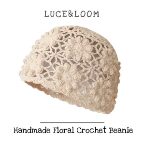 【LUCE&LOOM】Handmade Floral Crochet Beanie for Women, Hollow Out Knit Lightweight Summer Hat | Breathable Boho Style Headwear for Daily Casual & Beach Outings