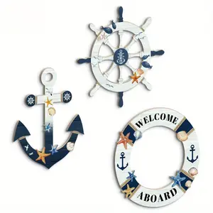 Wooden Nautical Wall Decor Set, Hanging Decor, Novelty Decor, Includes Steering Wheel, Anchor, Lifebuoy, Ocean Theme Design, Perfect for Home, Farm, Coffee Shop, Office
