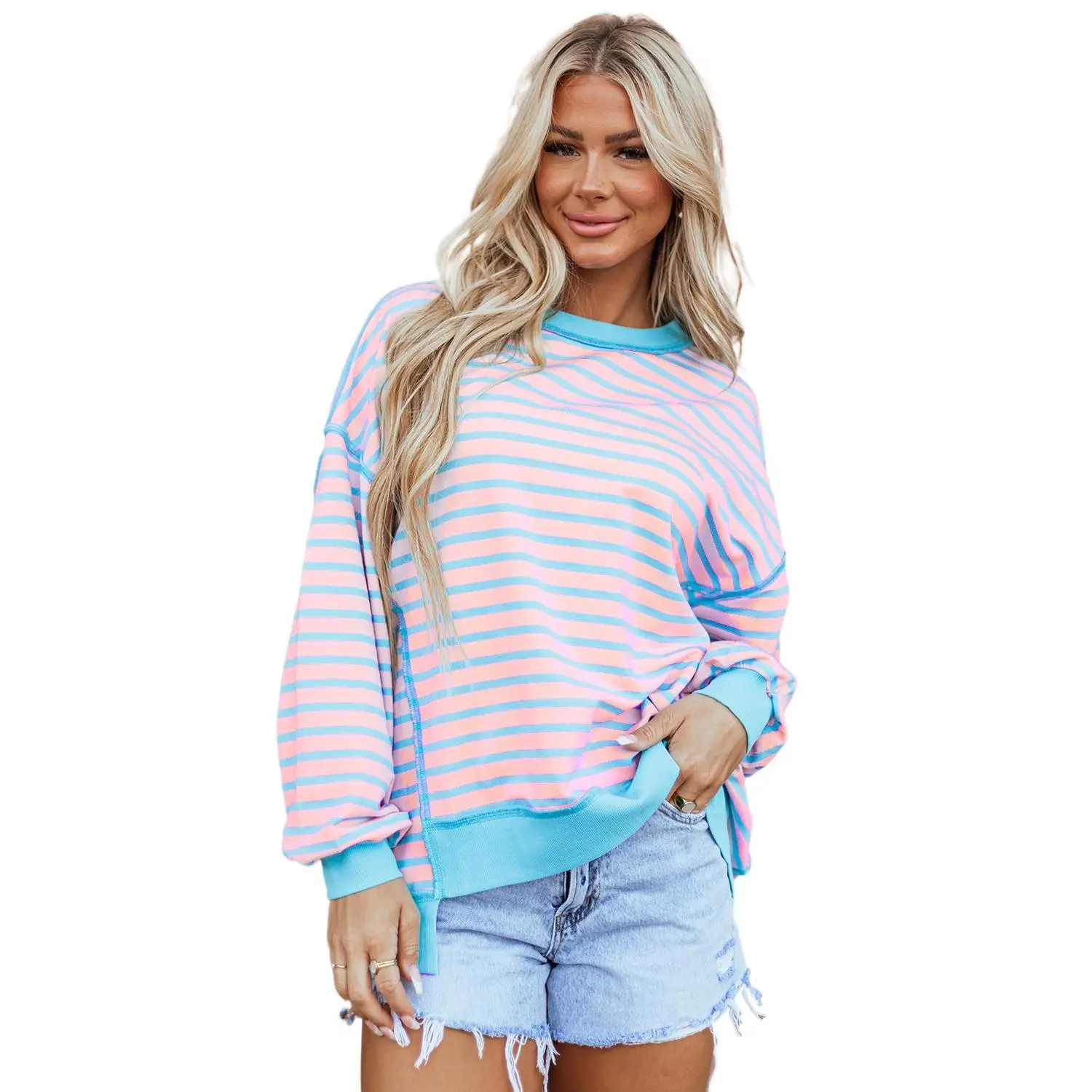 Women's Pink Stripe High-Low Pullover Tunic Sweatshirt