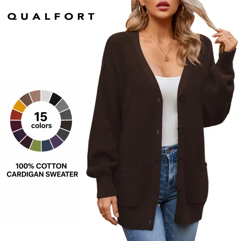 QUALFORT Women's Oversized V-Neck Knitwear Cardigan, 100% Cotton Button-Down Sweater with Long Lantern Sleeves and Pockets
