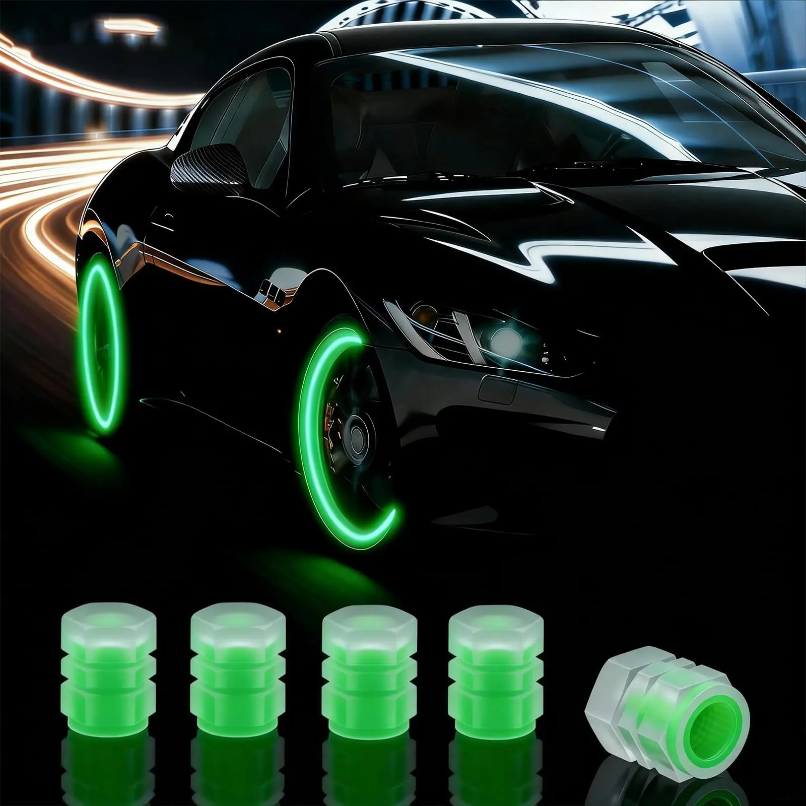 DIBMS 12PCS Glow-in-Dark Fluorescent Tire Valve Caps Set, Corrosion-Resistant Auto Wheel Valve Covers, Cool Car Stuff for Cars, SUVs, Trucks (Green)