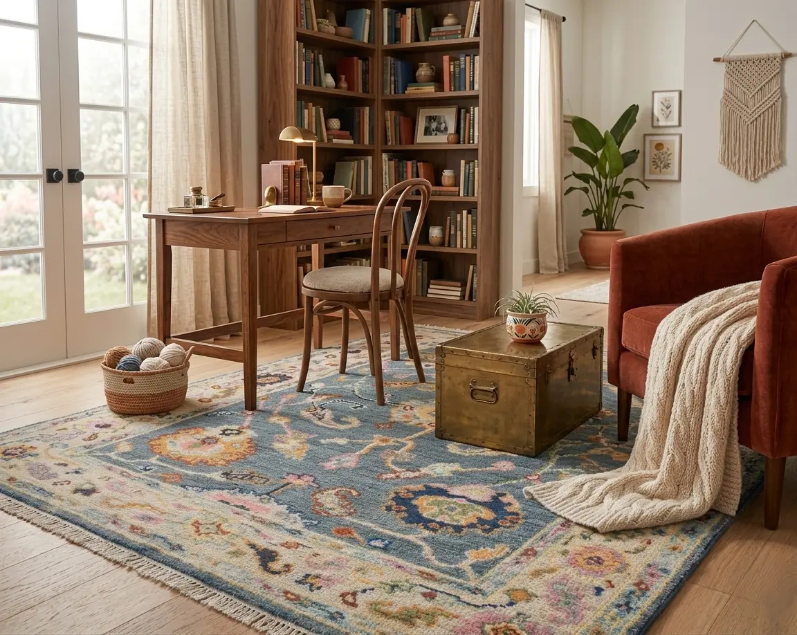 Hand Knotted Wool Oushak Rug, Slate Blue Sage Green Turkish Area Rug